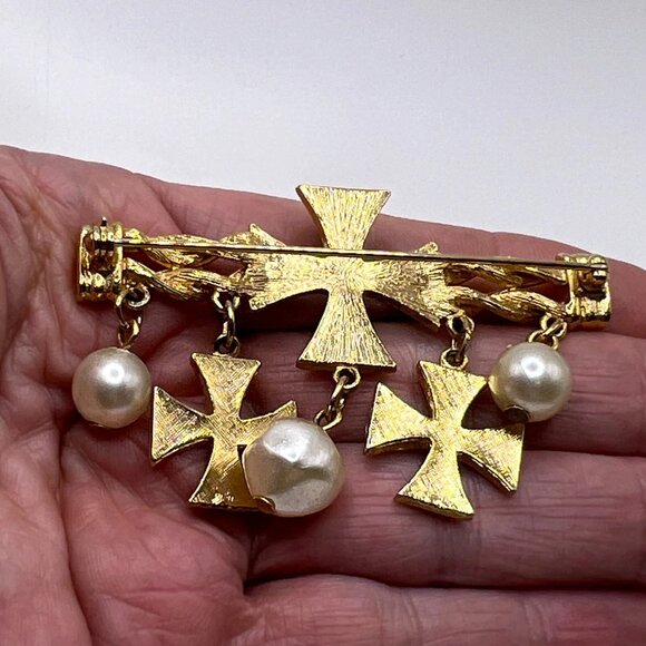Vintage Black Enamel Cross Imitation Dangling Pearls Bar Brooch Costume Jewelry - Picture 6 of 9